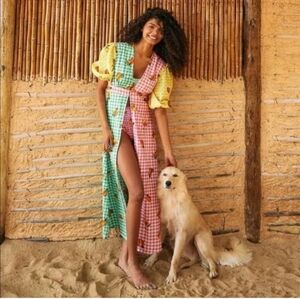 FARM Rio Picnic Colorblock Gingham Eyelet Fruit Cover-Up Wrap Maxi Dress Size S